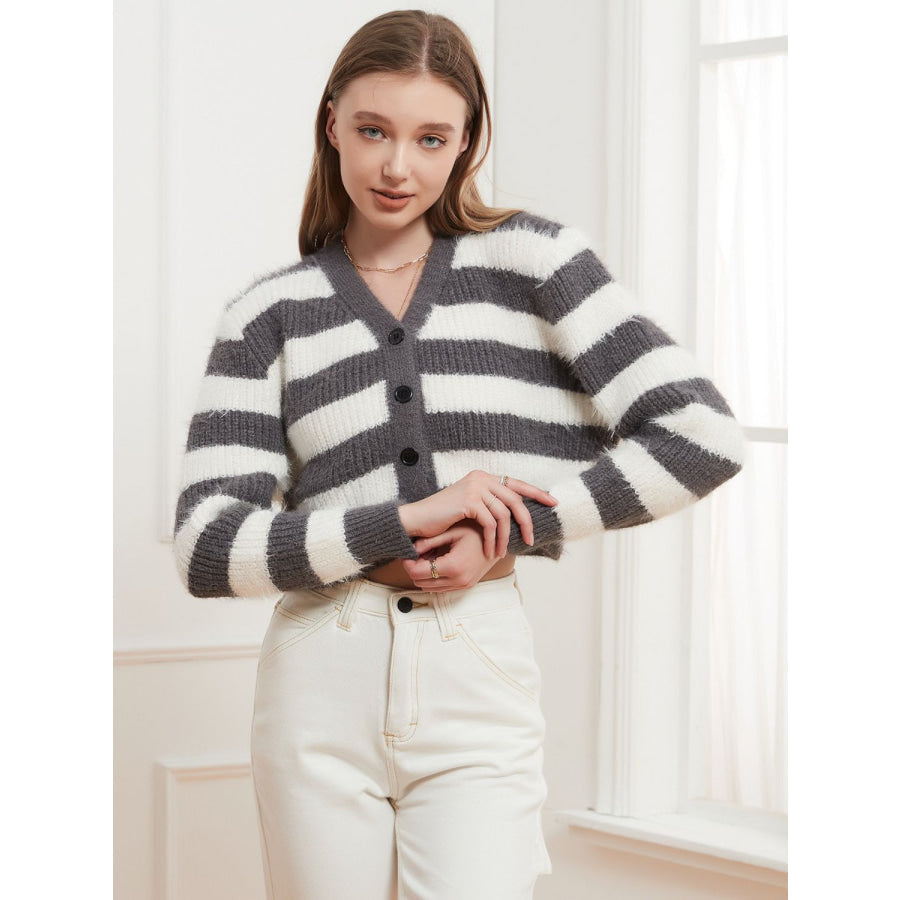 Button Down V-Neck Striped Cardigan Gray / One Size Apparel and Accessories