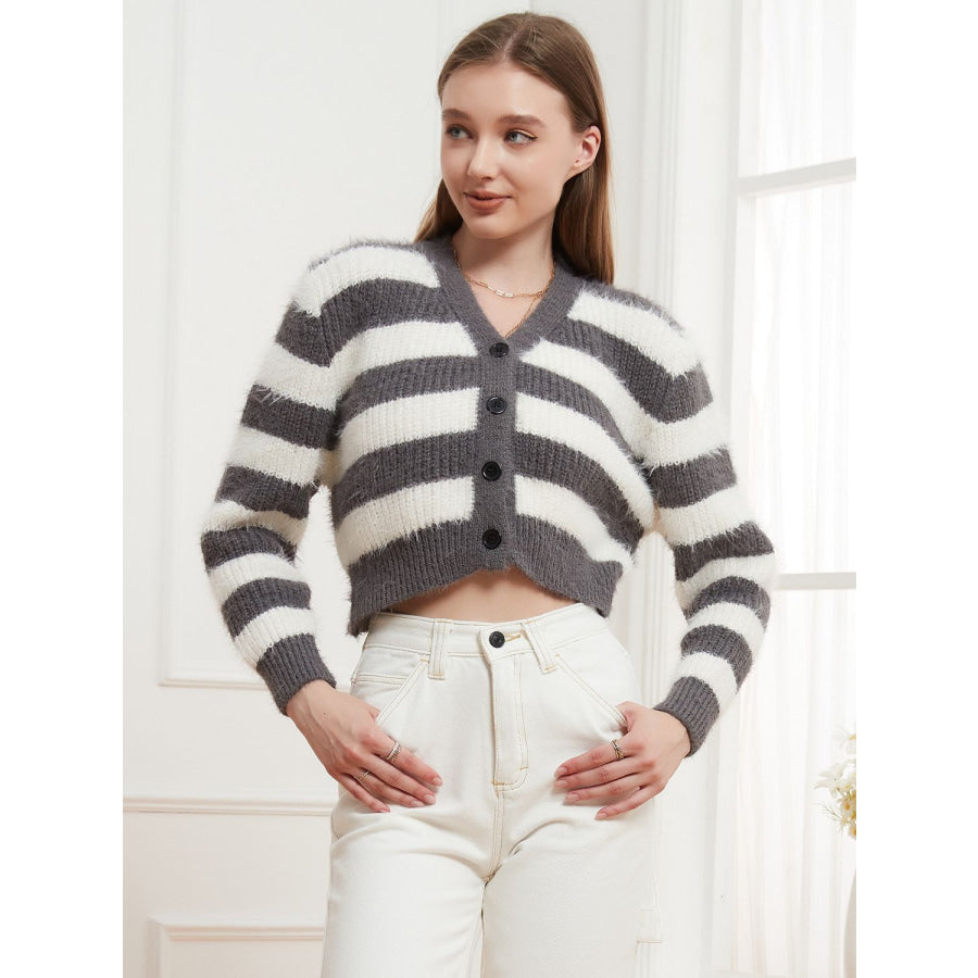 Button Down V-Neck Striped Cardigan Gray / One Size Apparel and Accessories