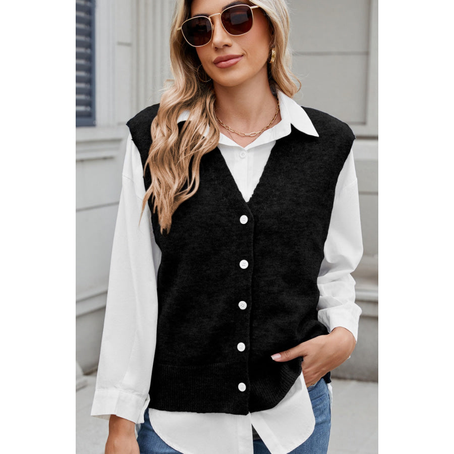 Button Down V-Neck Sweater Vest Black / S Apparel and Accessories