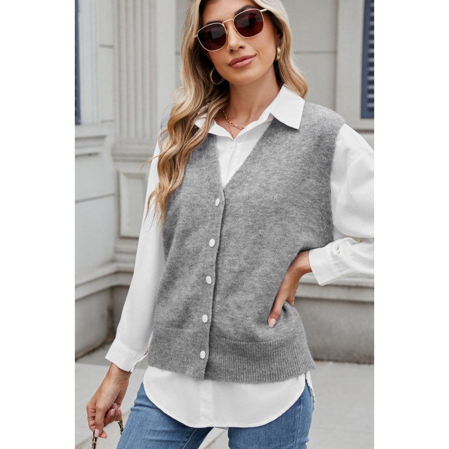 Button Down V-Neck Sweater Vest Gray / S Apparel and Accessories