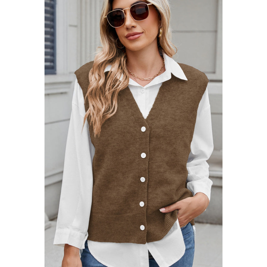 Button Down V-Neck Sweater Vest Taupe / S Apparel and Accessories