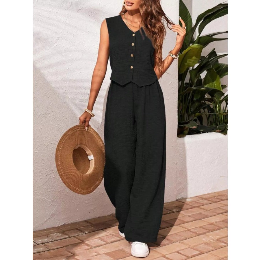 Button-Down Vest & Wide Leg Pants Set Apparel and Accessories