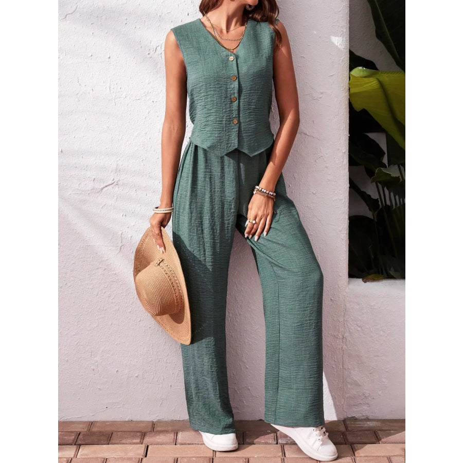 Button-Down Vest & Wide Leg Pants Set Apparel and Accessories