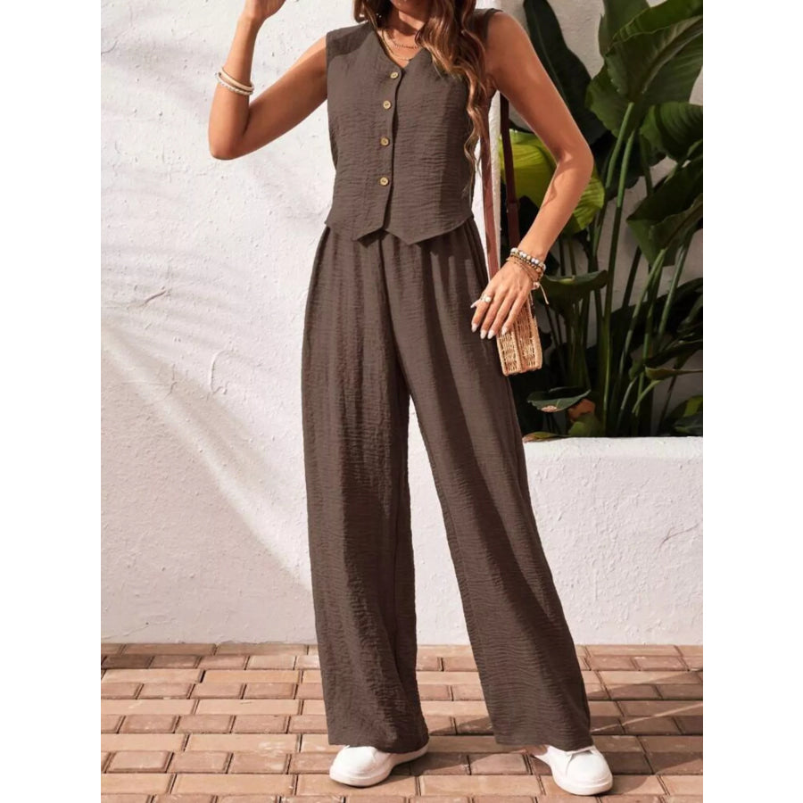 Button-Down Vest & Wide Leg Pants Set Apparel and Accessories