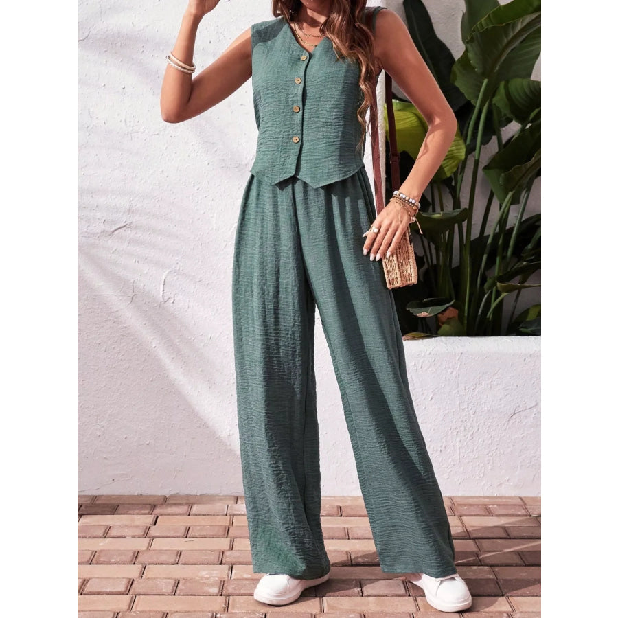 Button-Down Vest & Wide Leg Pants Set Apparel and Accessories