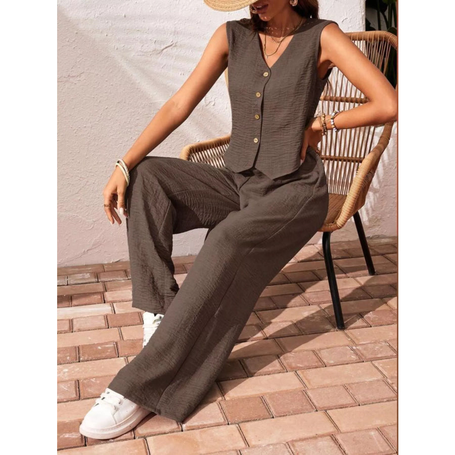 Button-Down Vest & Wide Leg Pants Set Apparel and Accessories