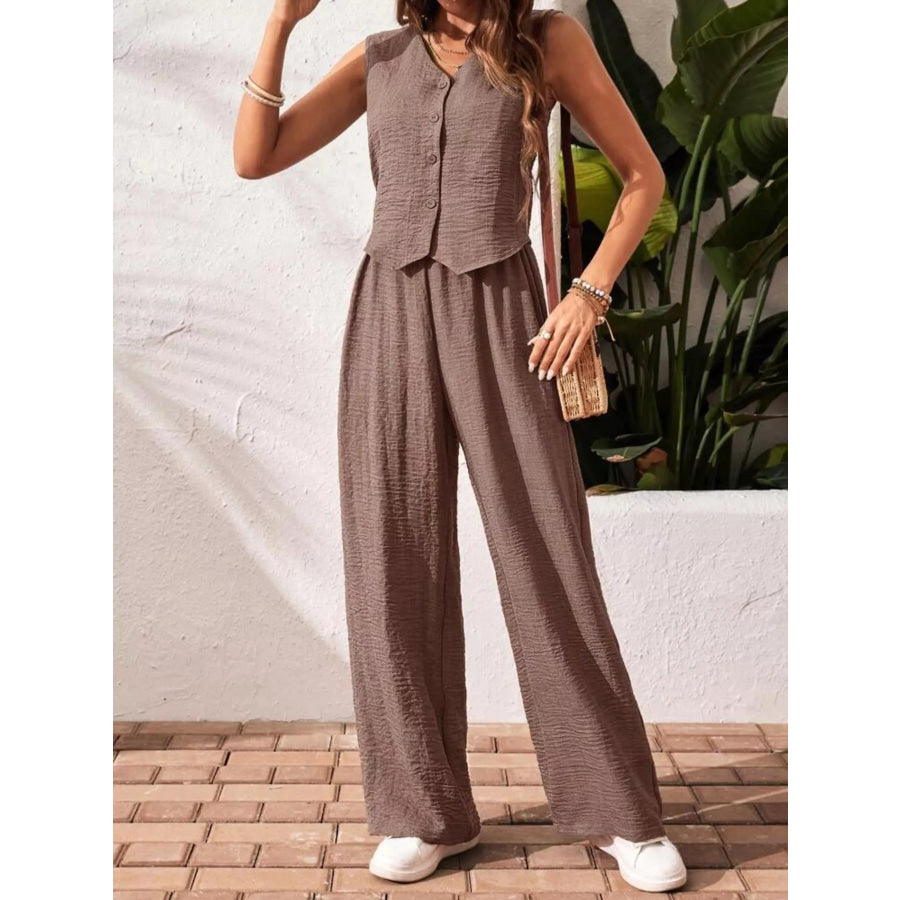 Button-Down Vest & Wide Leg Pants Set Apparel and Accessories