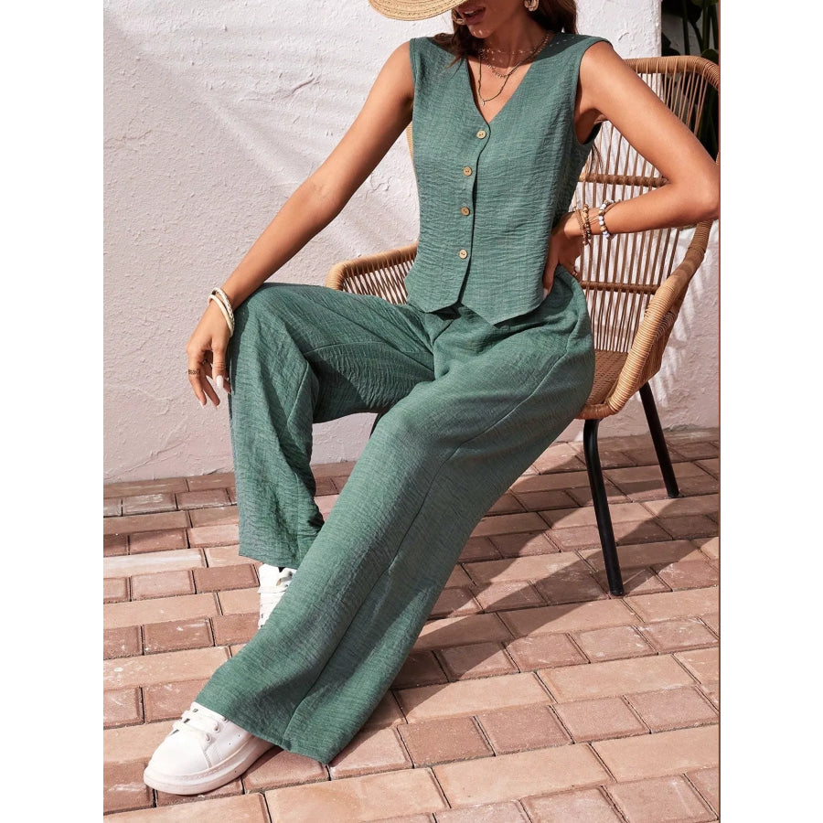 Button-Down Vest & Wide Leg Pants Set Apparel and Accessories