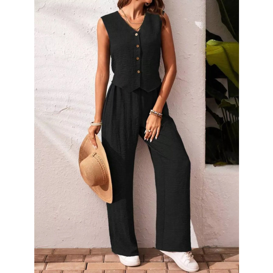 Button-Down Vest & Wide Leg Pants Set Black / S Apparel and Accessories