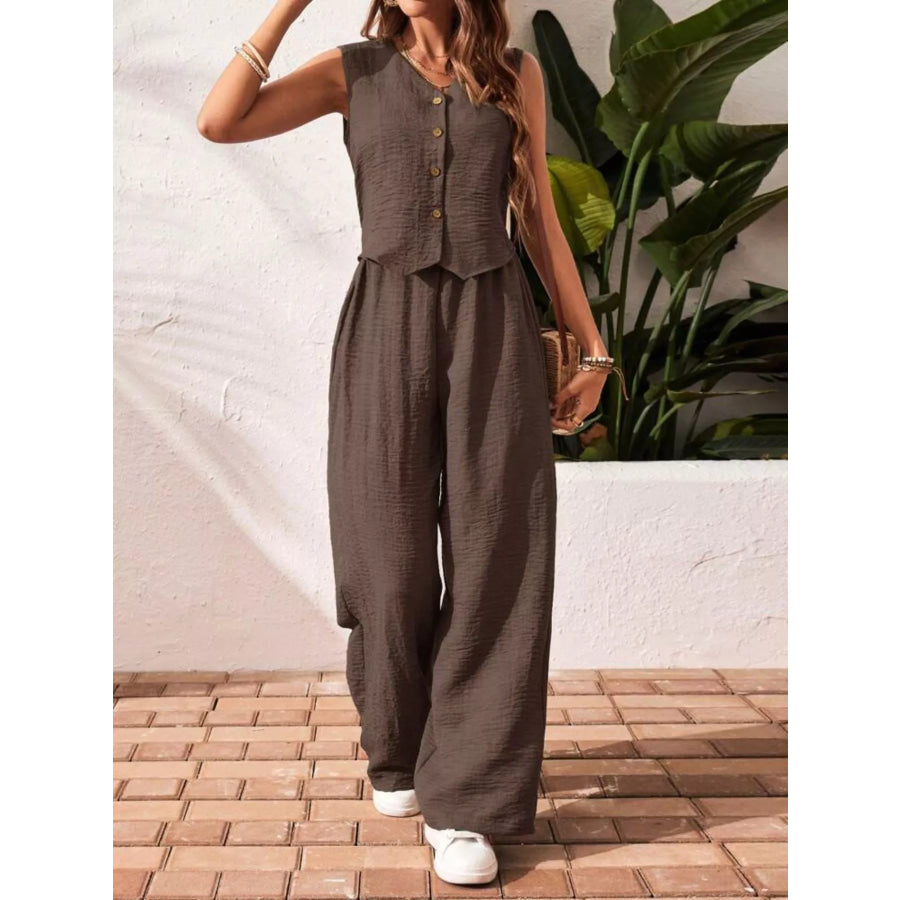 Button-Down Vest & Wide Leg Pants Set Chocolate / S Apparel and Accessories
