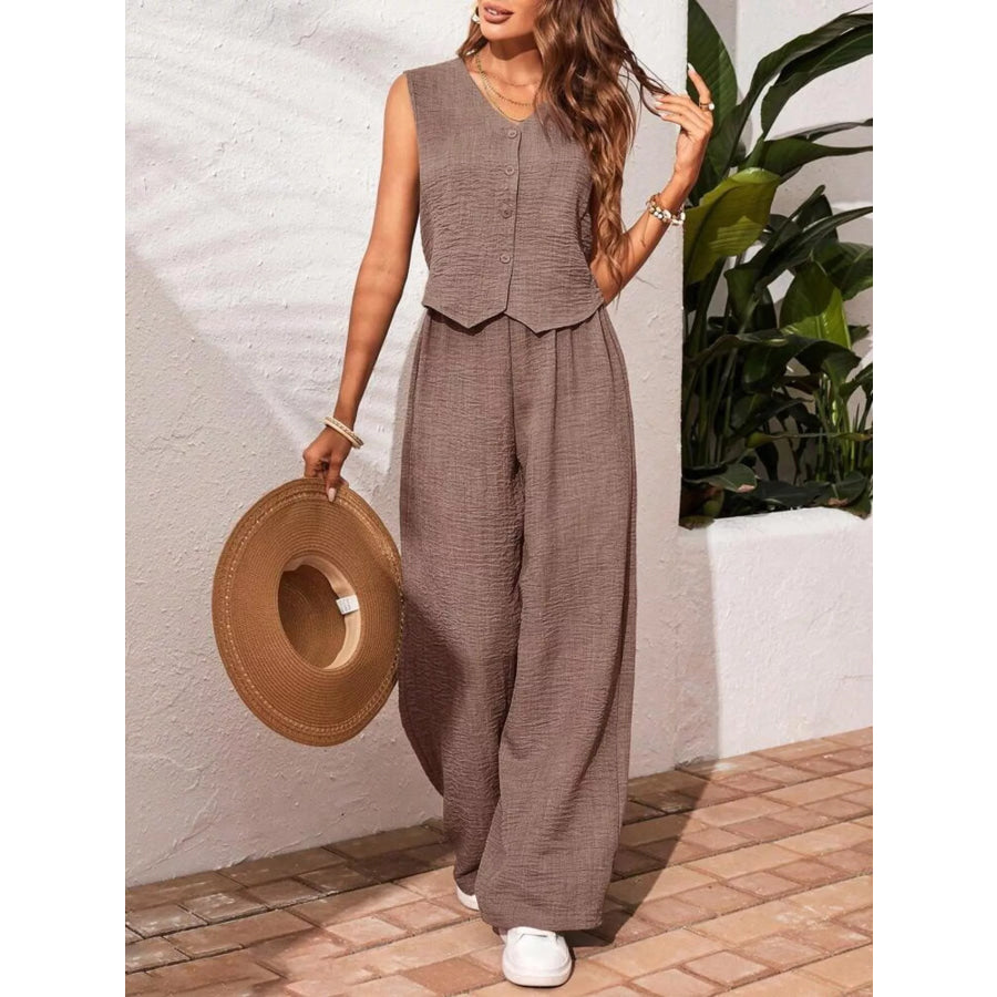 Button-Down Vest & Wide Leg Pants Set Taupe / S Apparel and Accessories