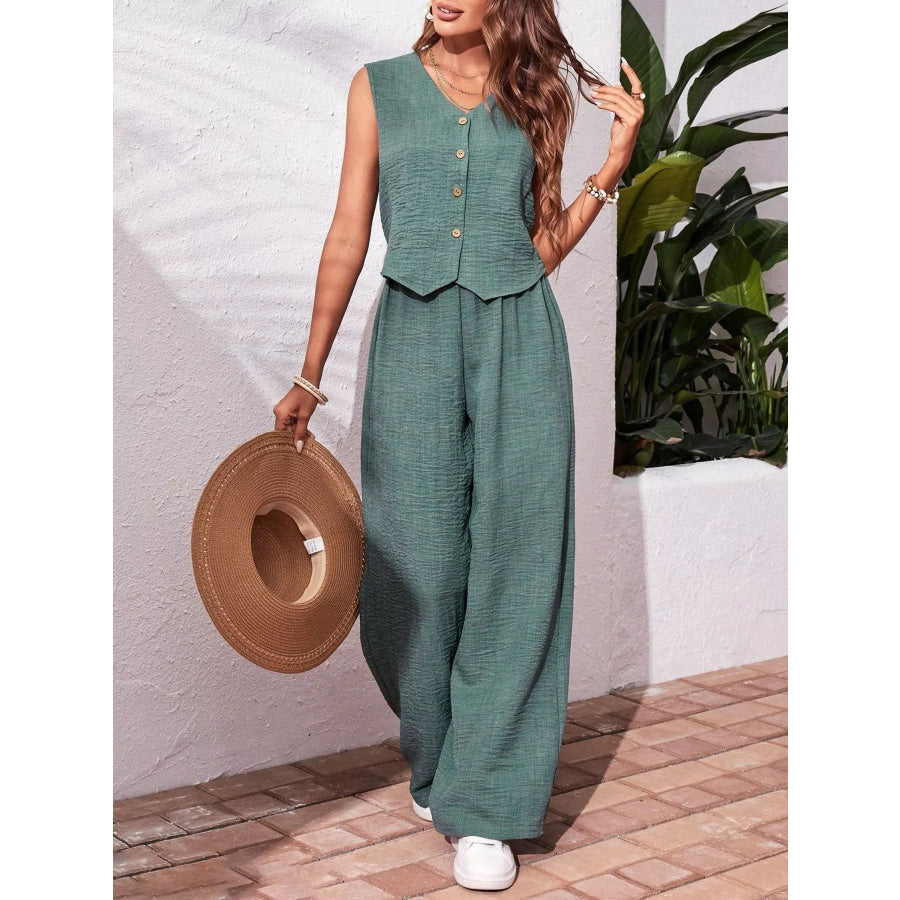 Button-Down Vest & Wide Leg Pants Set Turquoise / S Apparel and Accessories
