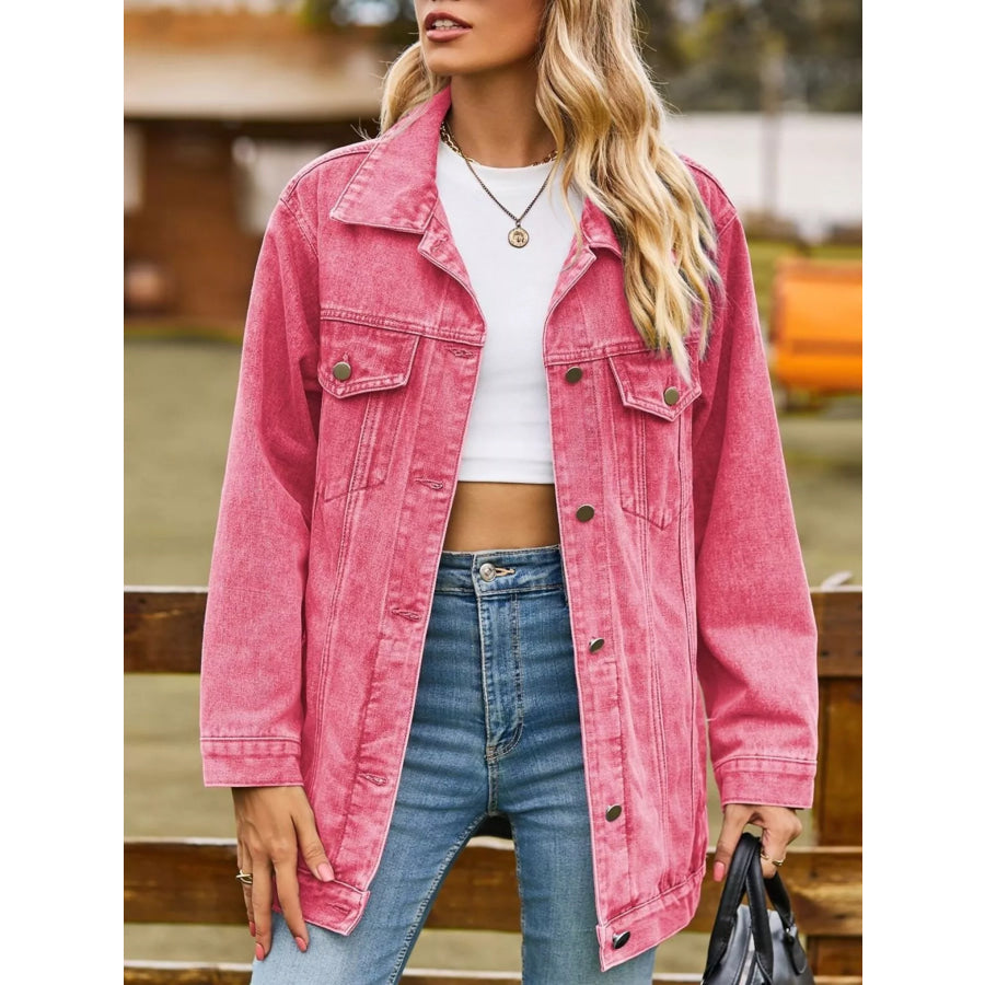 Button Down Washed Denim Jacket Hot Pink / S Apparel and Accessories