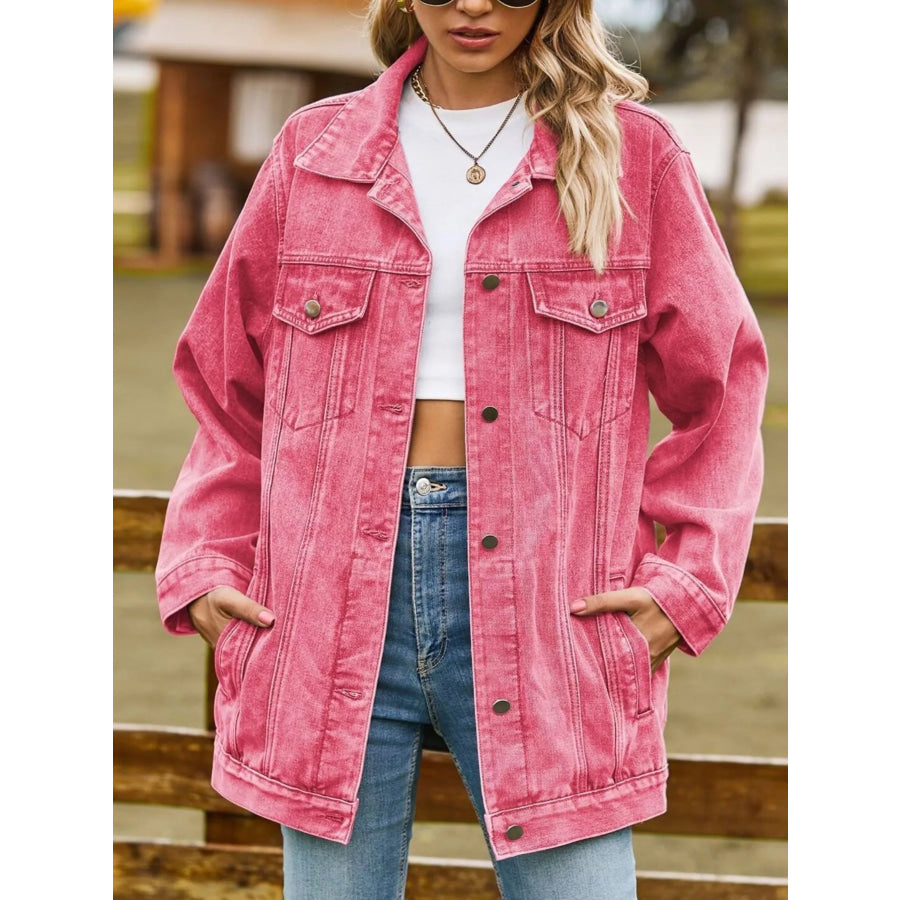 Button Down Washed Denim Jacket Hot Pink / S Apparel and Accessories