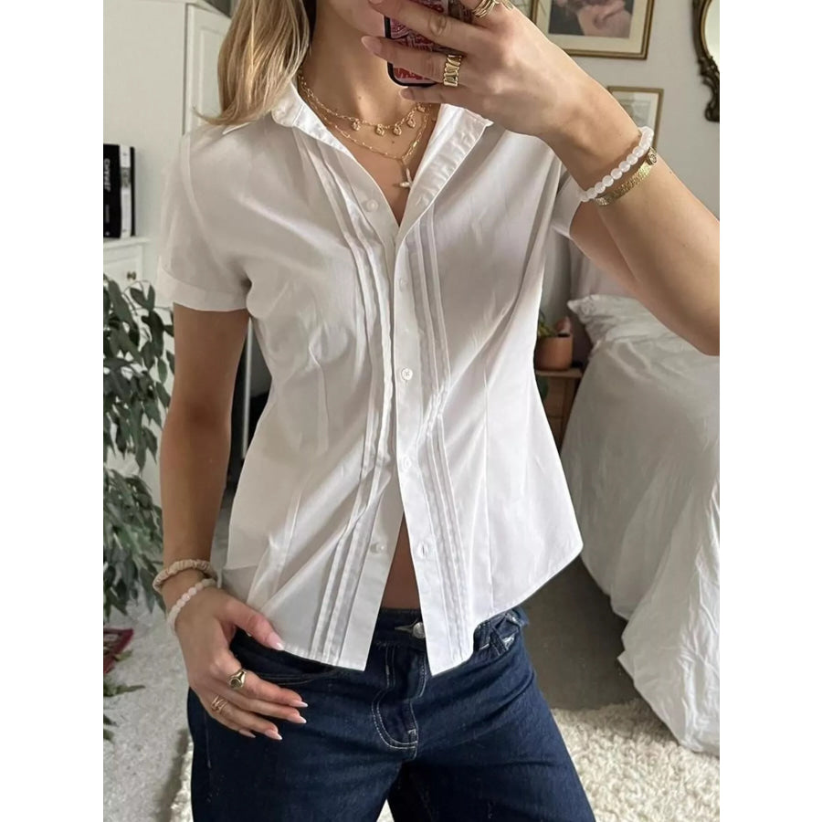 Button Dwon Pleated Short Sleeve Shirt White / S Apparel and Accessories