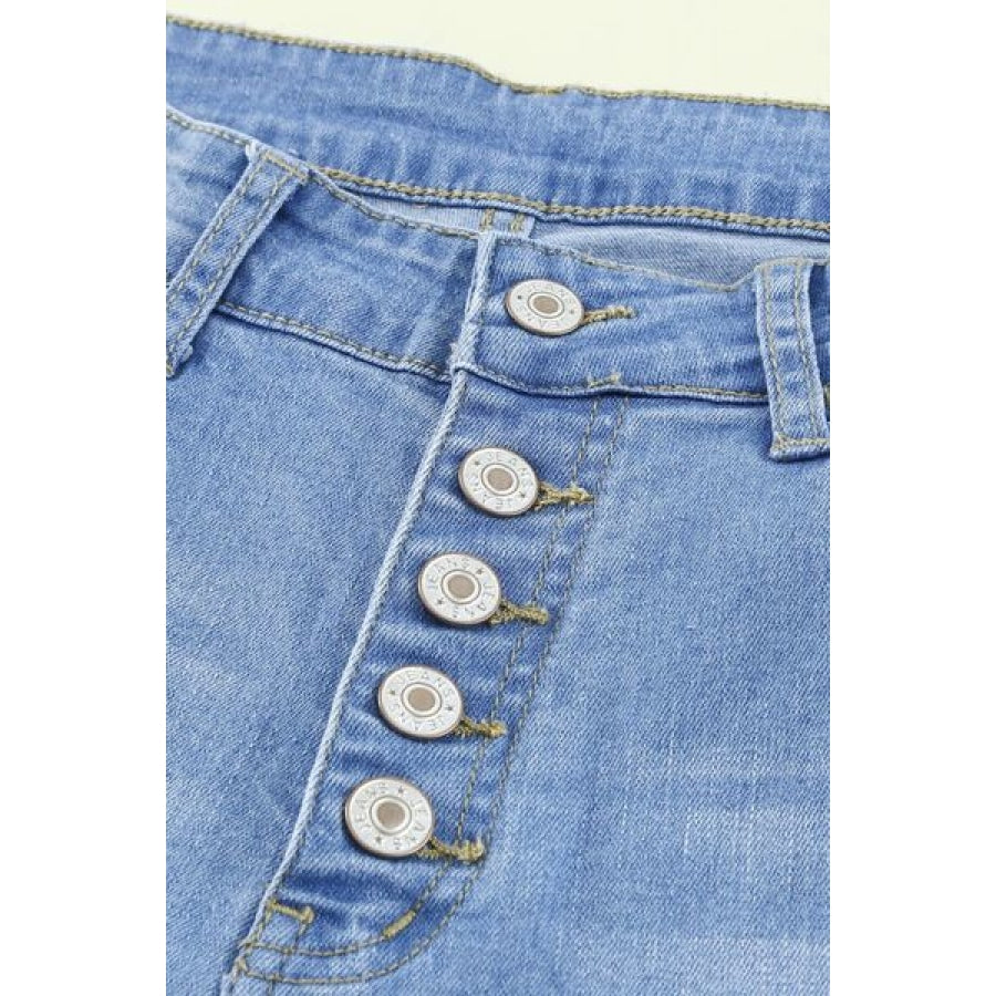 Button-Fly Distressed Raw Hem Flare Jeans Clothing