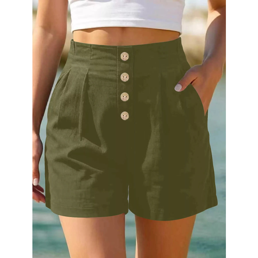 Button Fly High Waist Shorts Army Green / S Apparel and Accessories