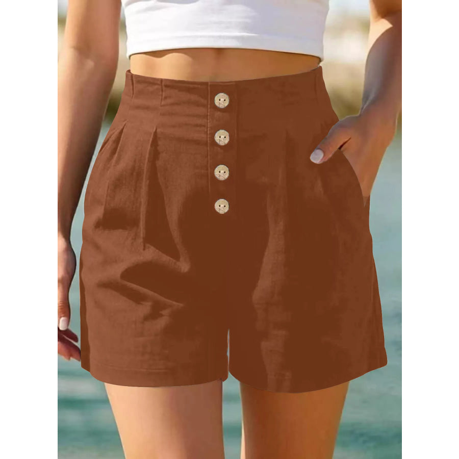 Button Fly High Waist Shorts Brown / S Apparel and Accessories