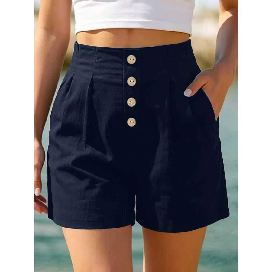 Button Fly High Waist Shorts Navy Blue / S Apparel and Accessories