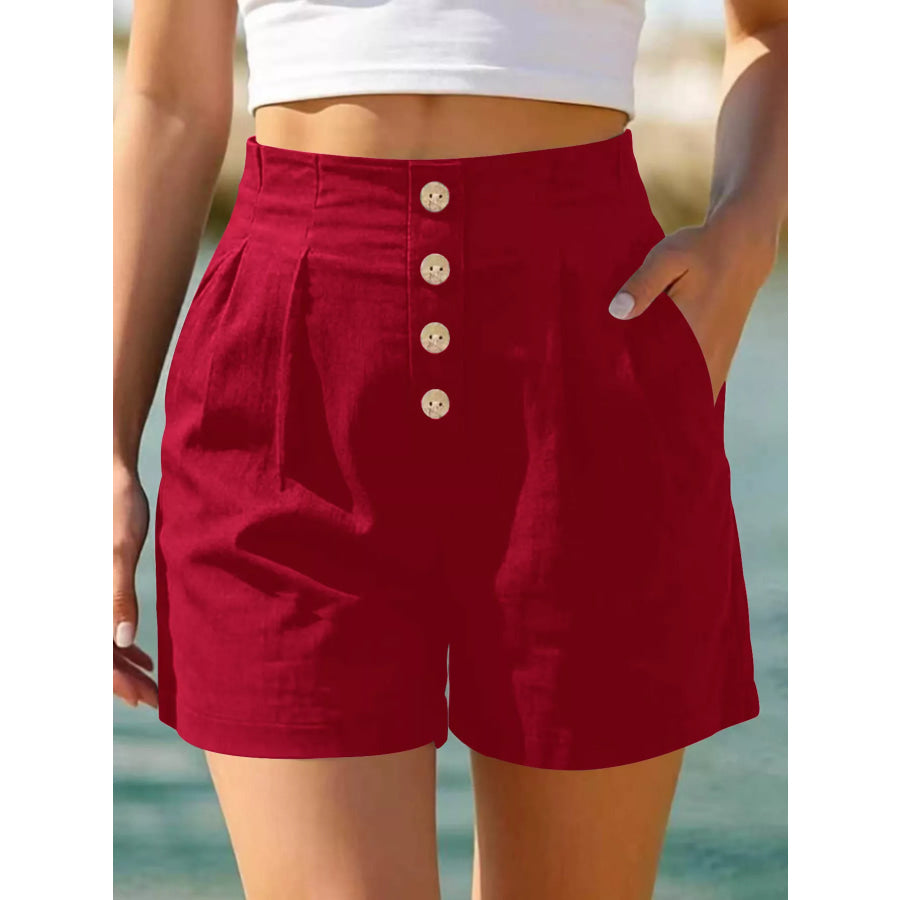 Button Fly High Waist Shorts Red / S Apparel and Accessories