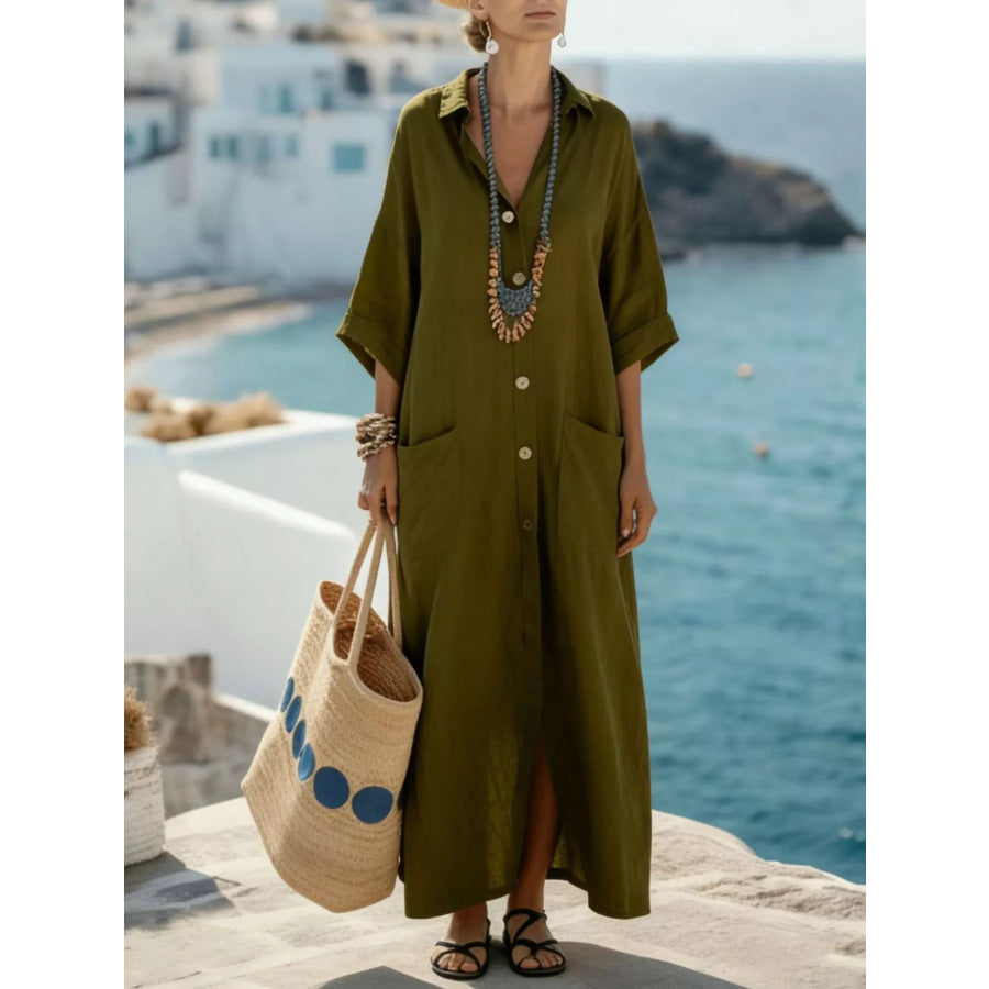 Button Front 3/4 Sleeve Maxi Dress Apparel and Accessories