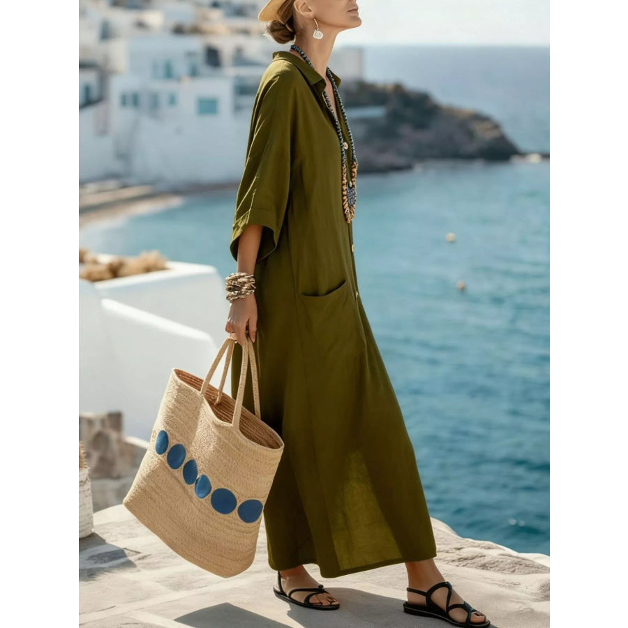 Button Front 3/4 Sleeve Maxi Dress Apparel and Accessories