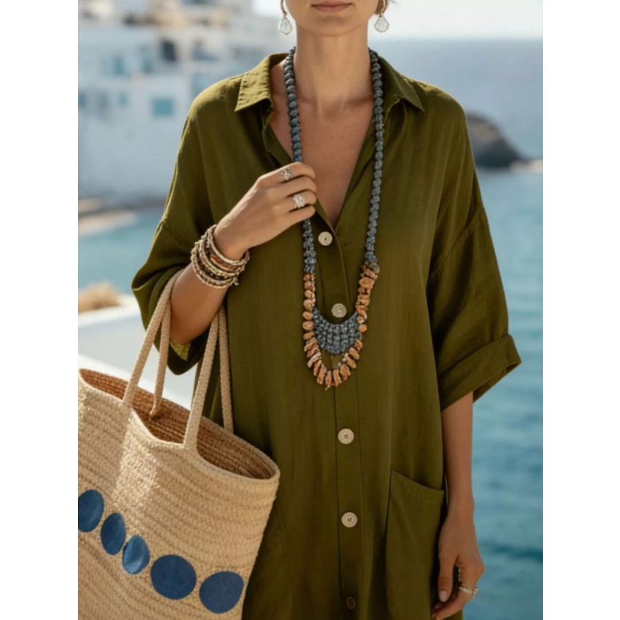 Button Front 3/4 Sleeve Maxi Dress Apparel and Accessories