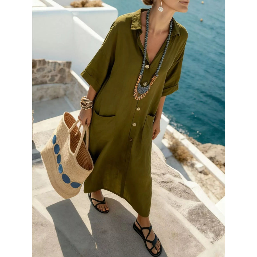Button Front 3/4 Sleeve Maxi Dress Apparel and Accessories