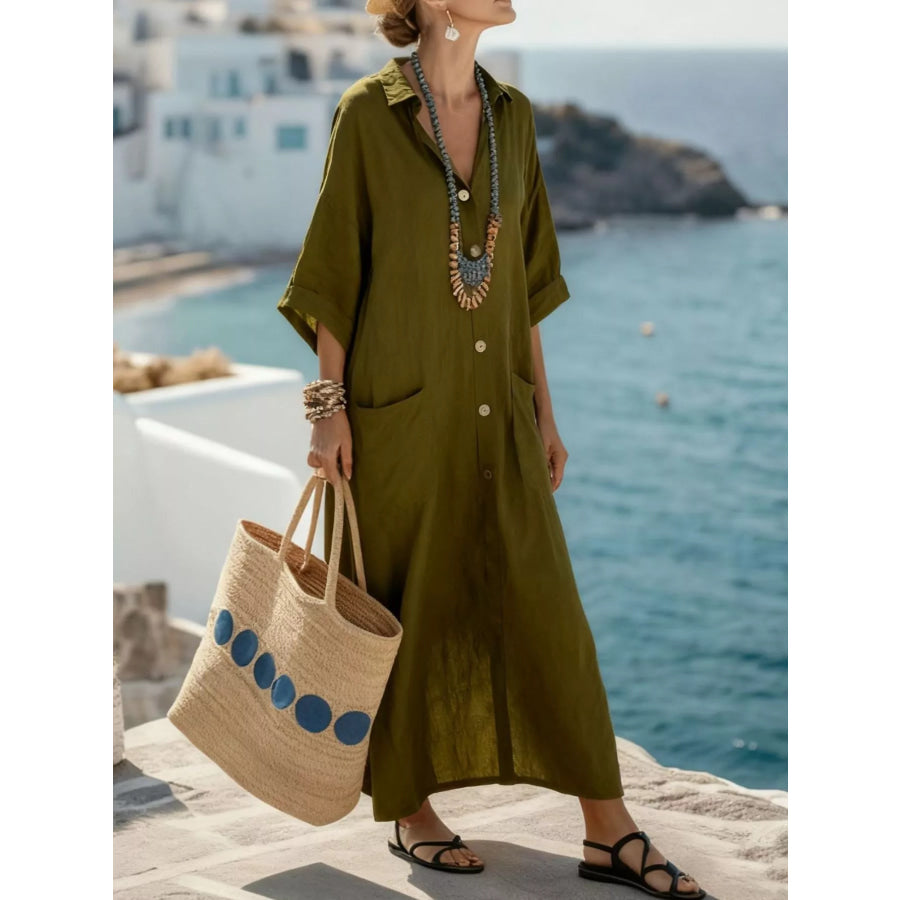 Button Front 3/4 Sleeve Maxi Dress Olive / S Apparel and Accessories
