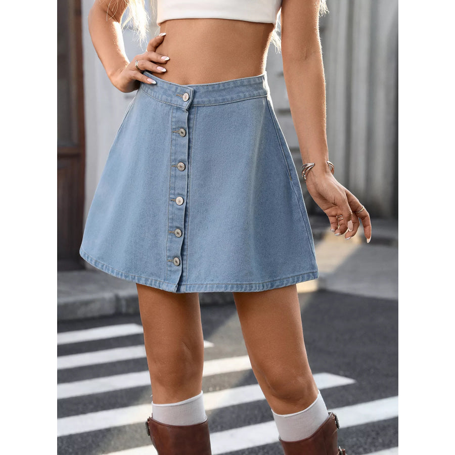 Button-Front A-Line Denim Skirt Light Blue / S Apparel and Accessories