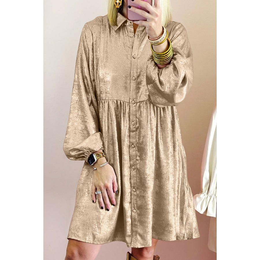 Button Front Balloon Sleeve Mini Dress Tan / S Apparel and Accessories