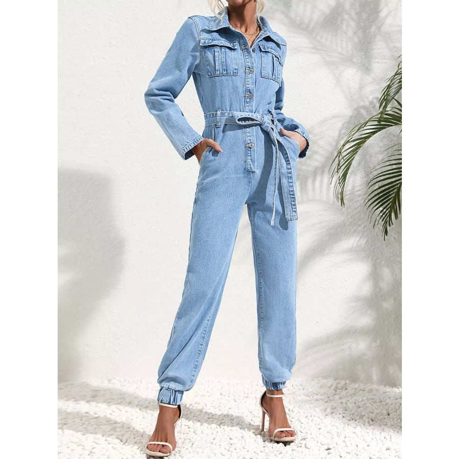 Button Front Belt Denim Jumpsuit Apparel and Accessories