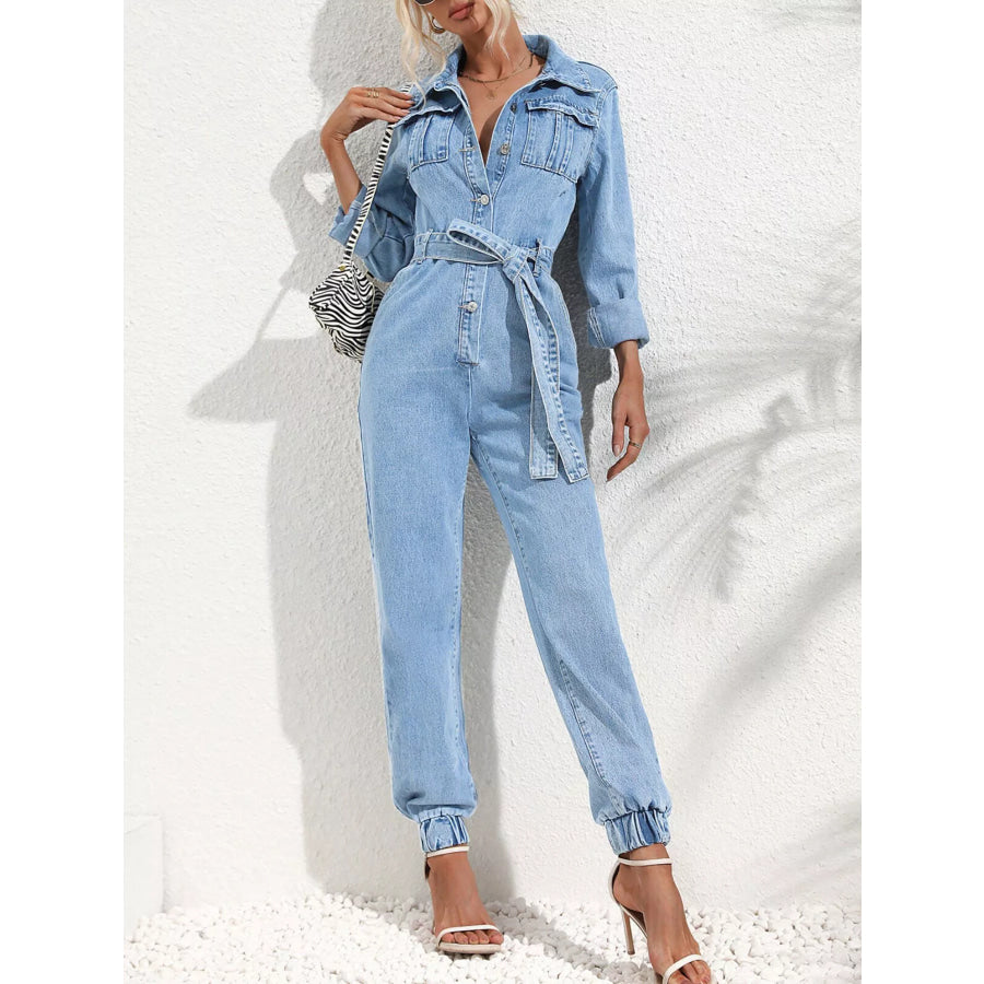 Button Front Belt Denim Jumpsuit Apparel and Accessories