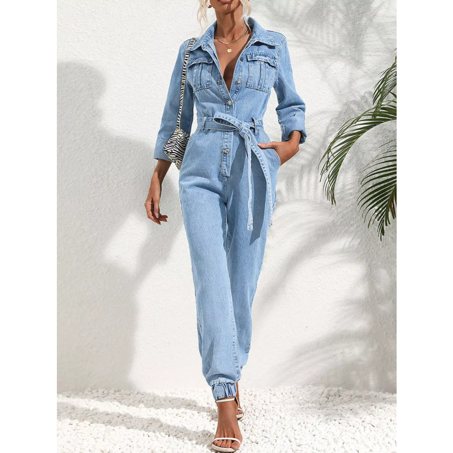 Button Front Belt Denim Jumpsuit Apparel and Accessories
