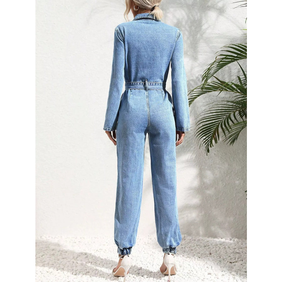 Button Front Belt Denim Jumpsuit Apparel and Accessories