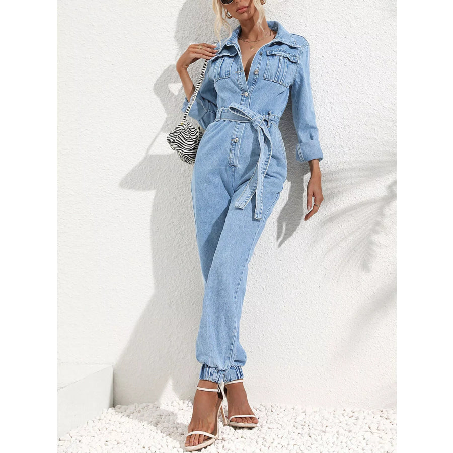 Button Front Belt Denim Jumpsuit Medium Blue / XXS Apparel and Accessories