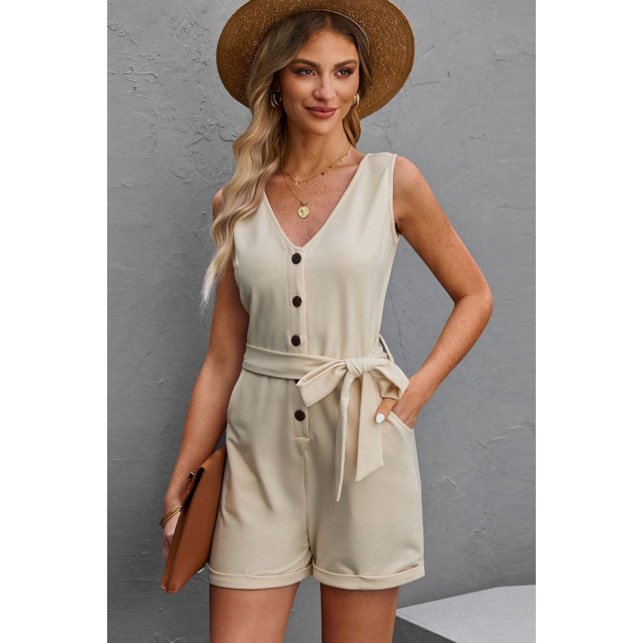 Button Front Belted Sleeveless Romper