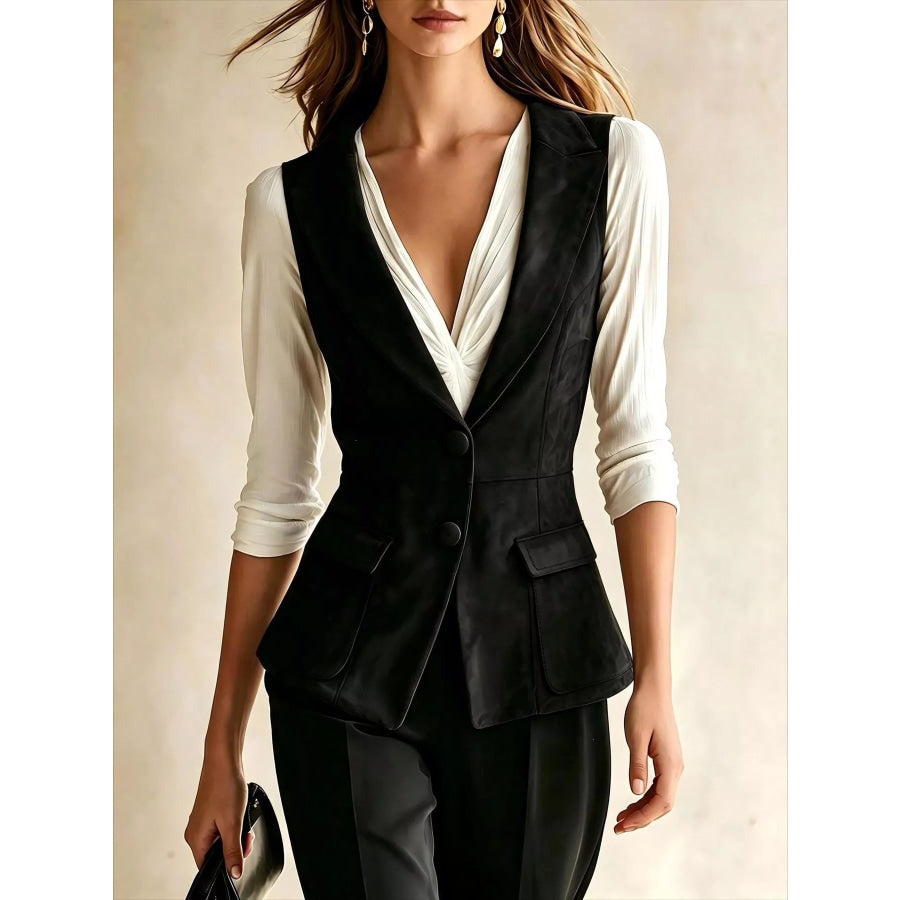 Button-Front Closure Suede Vest Coat Black / S Apparel and Accessories