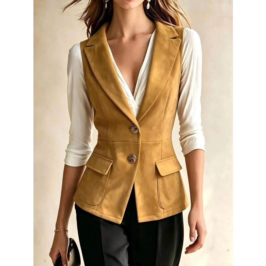 Button-Front Closure Suede Vest Coat Caramel / S Apparel and Accessories