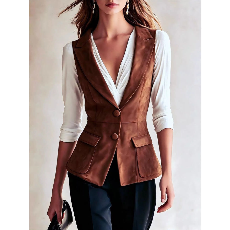 Button-Front Closure Suede Vest Coat Dark Brown / S Apparel and Accessories