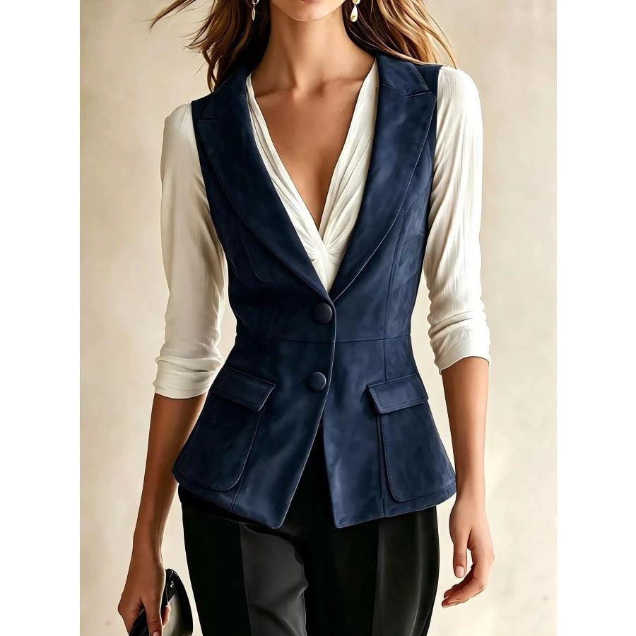 Button-Front Closure Suede Vest Coat Navy / S Apparel and Accessories