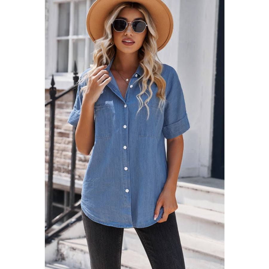 Button Front Collared Short Sleeve Shirt Dusty Blue / S