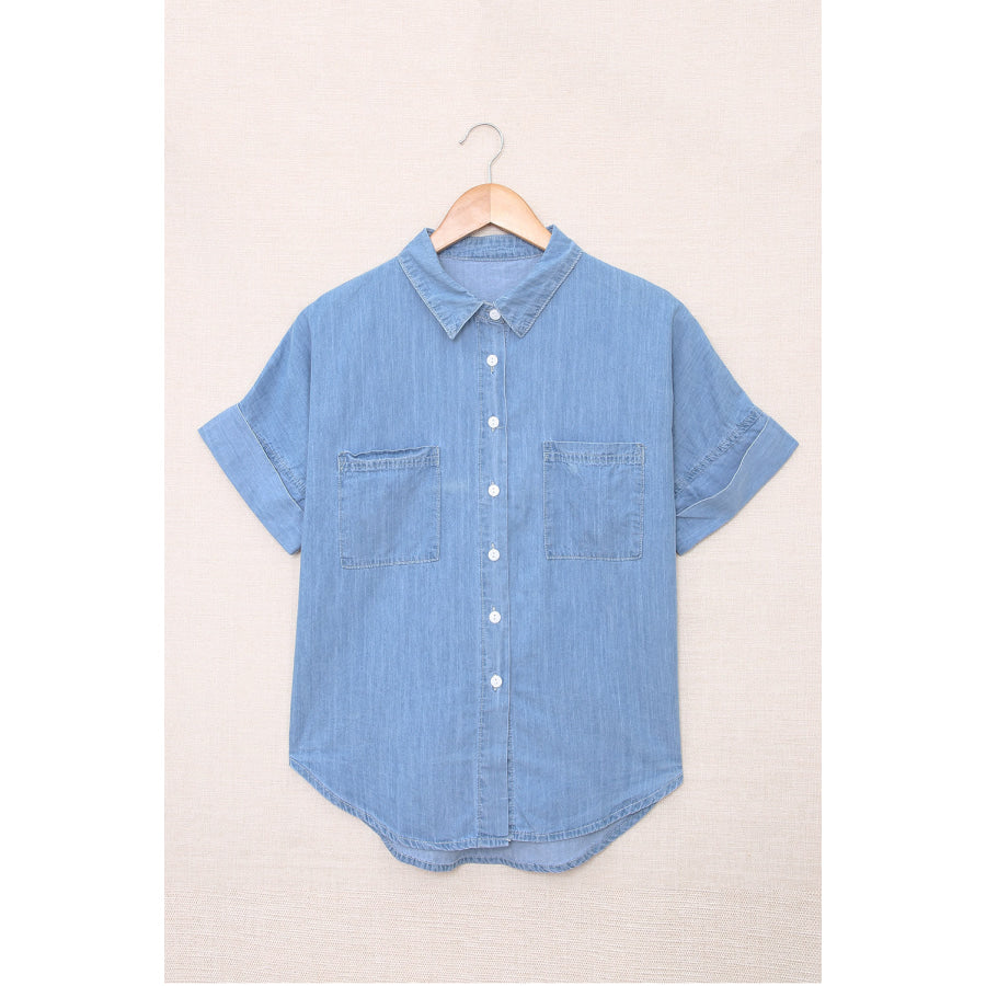 Button Front Collared Short Sleeve Shirt Misty Blue / S