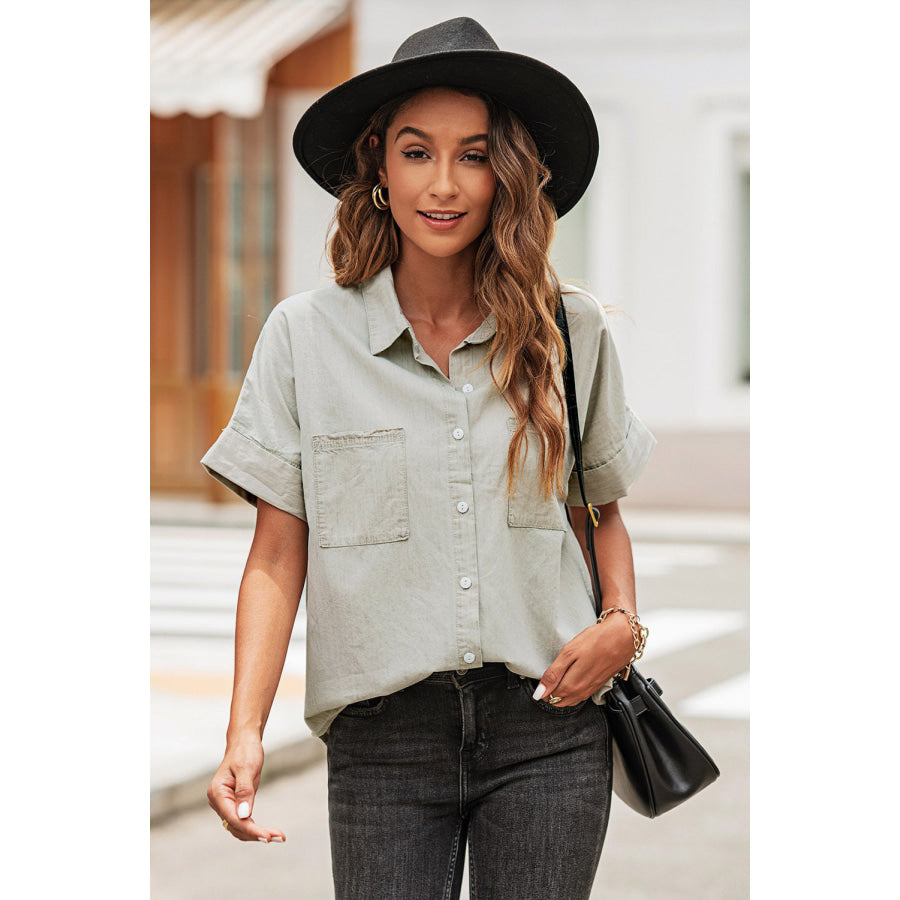 Button Front Collared Short Sleeve Shirt