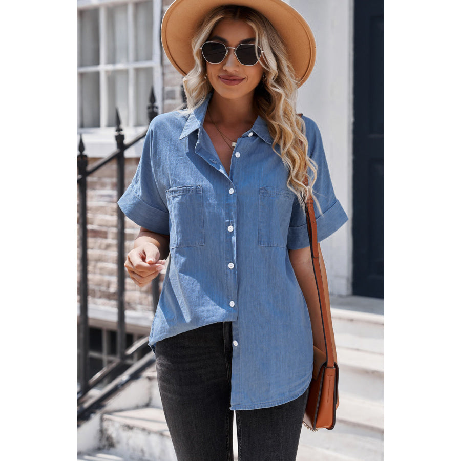 Button Front Collared Short Sleeve Shirt