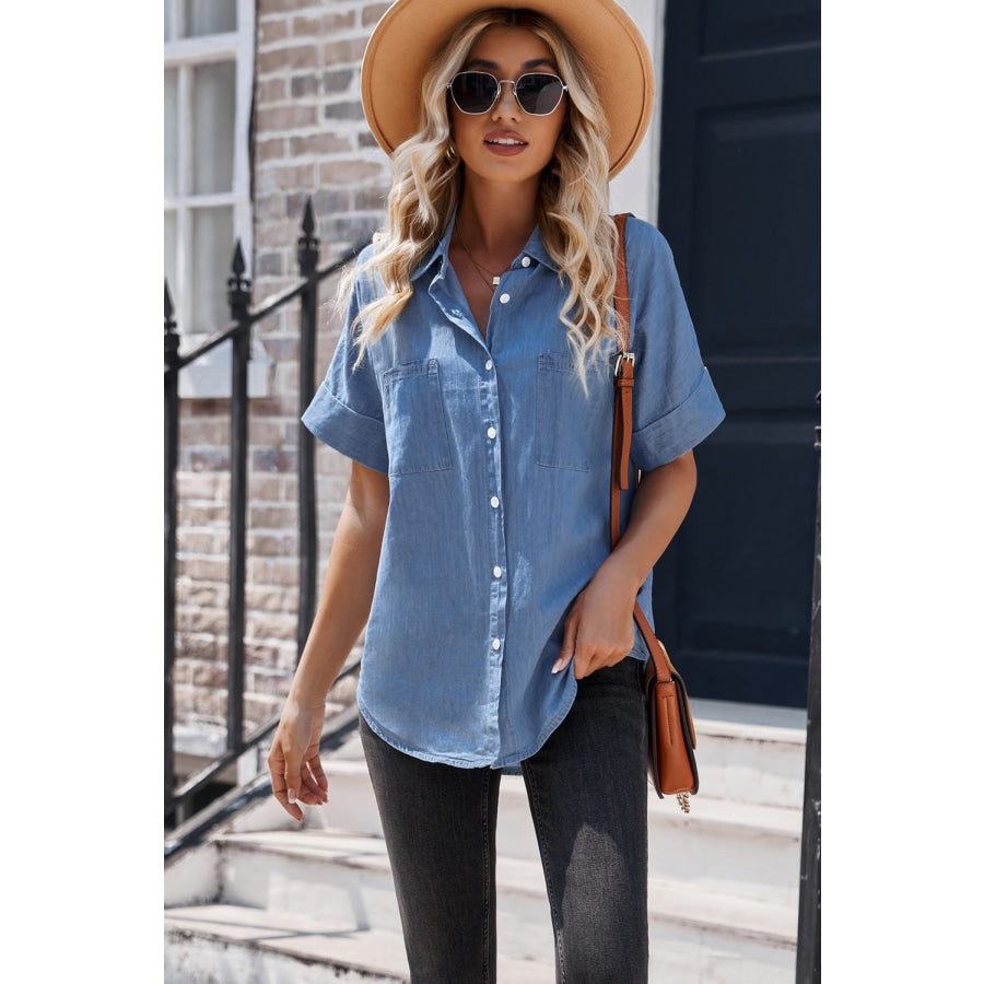 Button Front Collared Short Sleeve Shirt