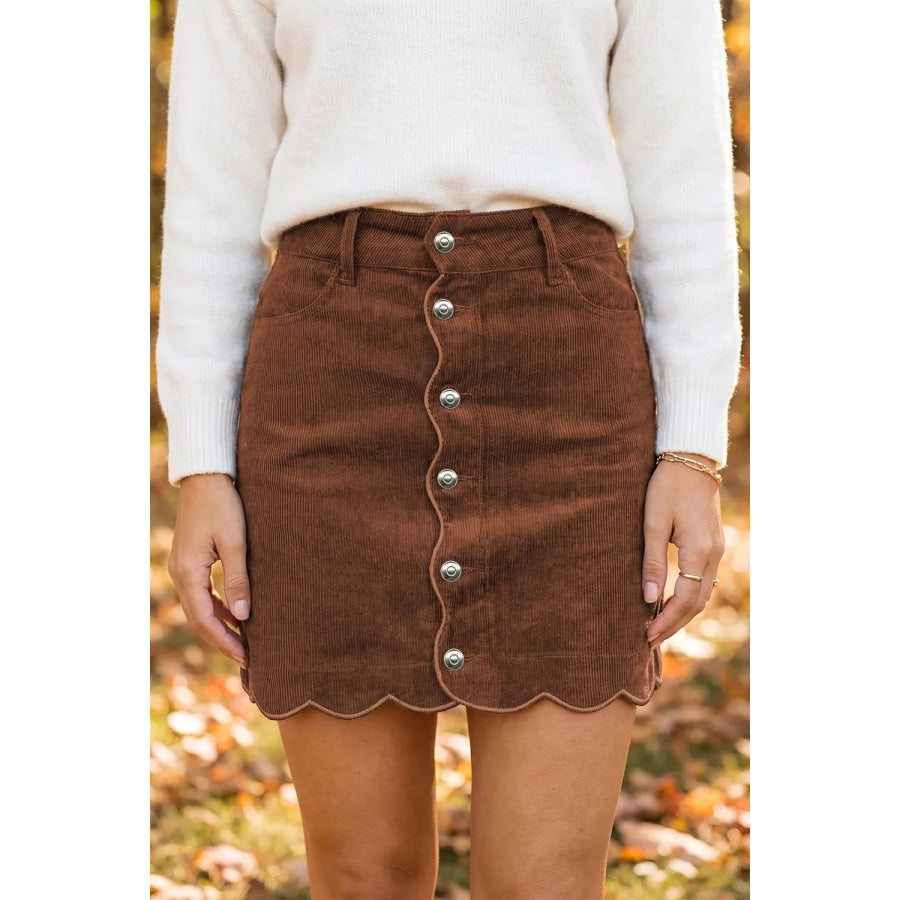Button Front Corduroy Mini Pockets Sheath Silhouette Skirt Brown / S Apparel and Accessories