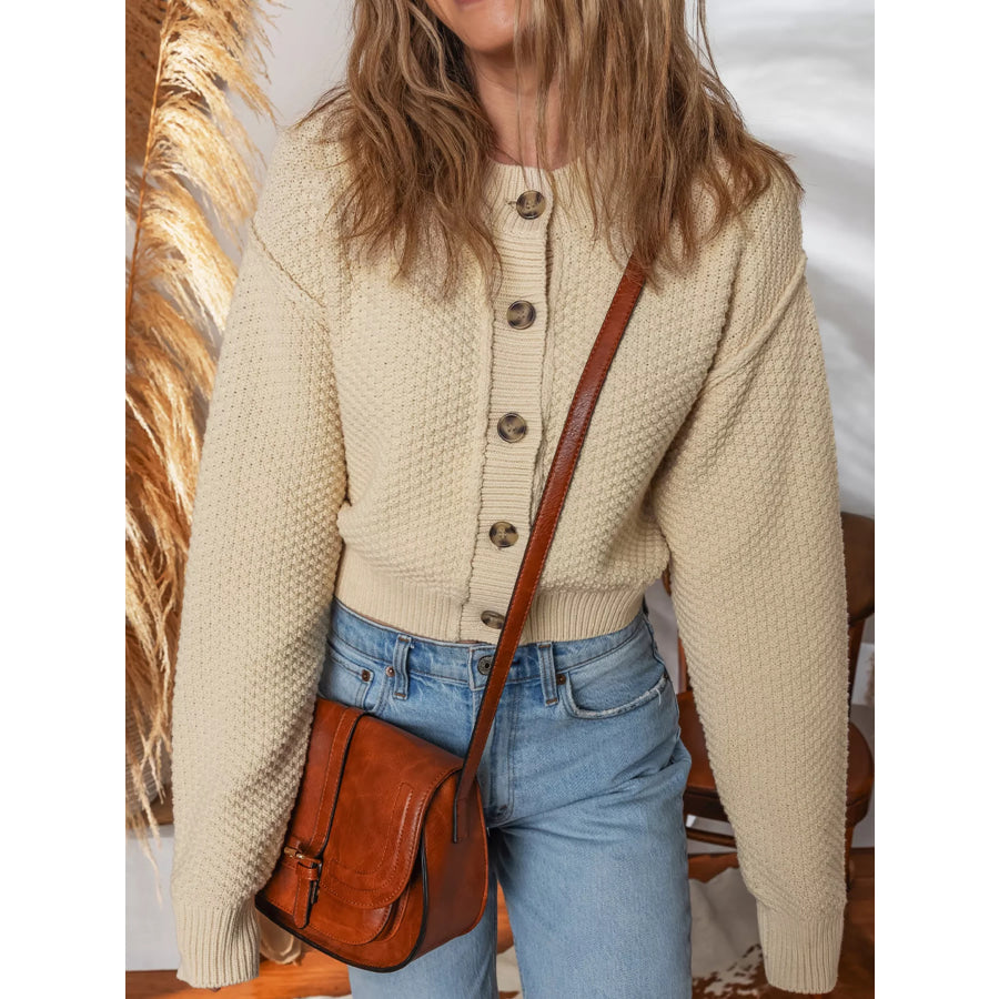 Button Front Cropped Cardigan Beige / S Apparel and Accessories
