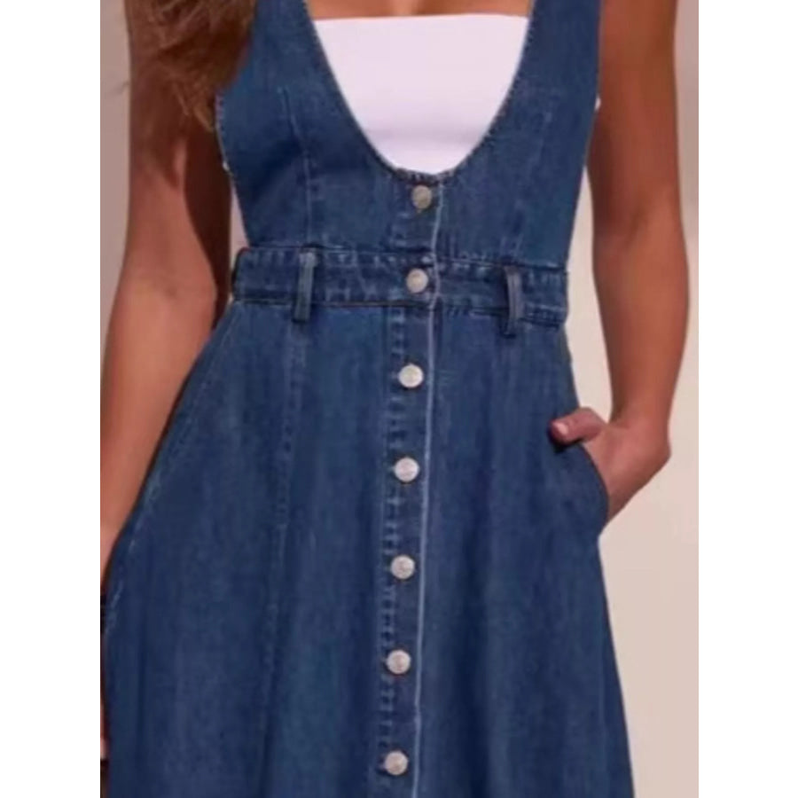 Button Front Denim Overall Midi Dress Apparel and Accessories