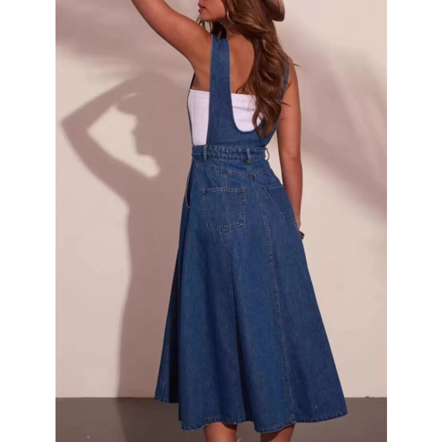 Button Front Denim Overall Midi Dress Apparel and Accessories